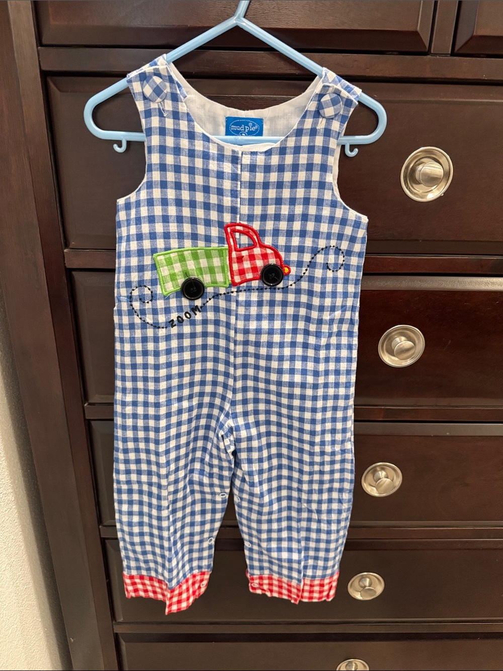 Mud Pie Blue Gingham Overalls with Red & Green Truck Appliqué